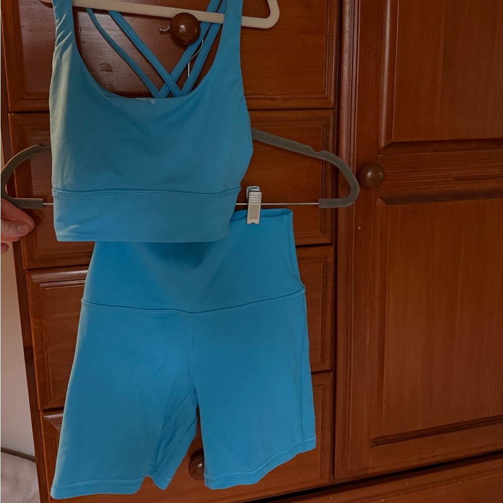 lululemon athletica Turquoise Blue Strappy Sports Bra and High-Waist Shorts Set